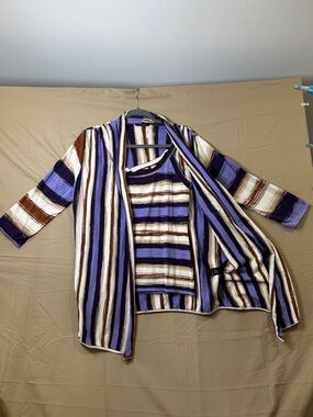 Cyrus Striped Open-Front Cardigan and Tank - Purple, Brown & Cream